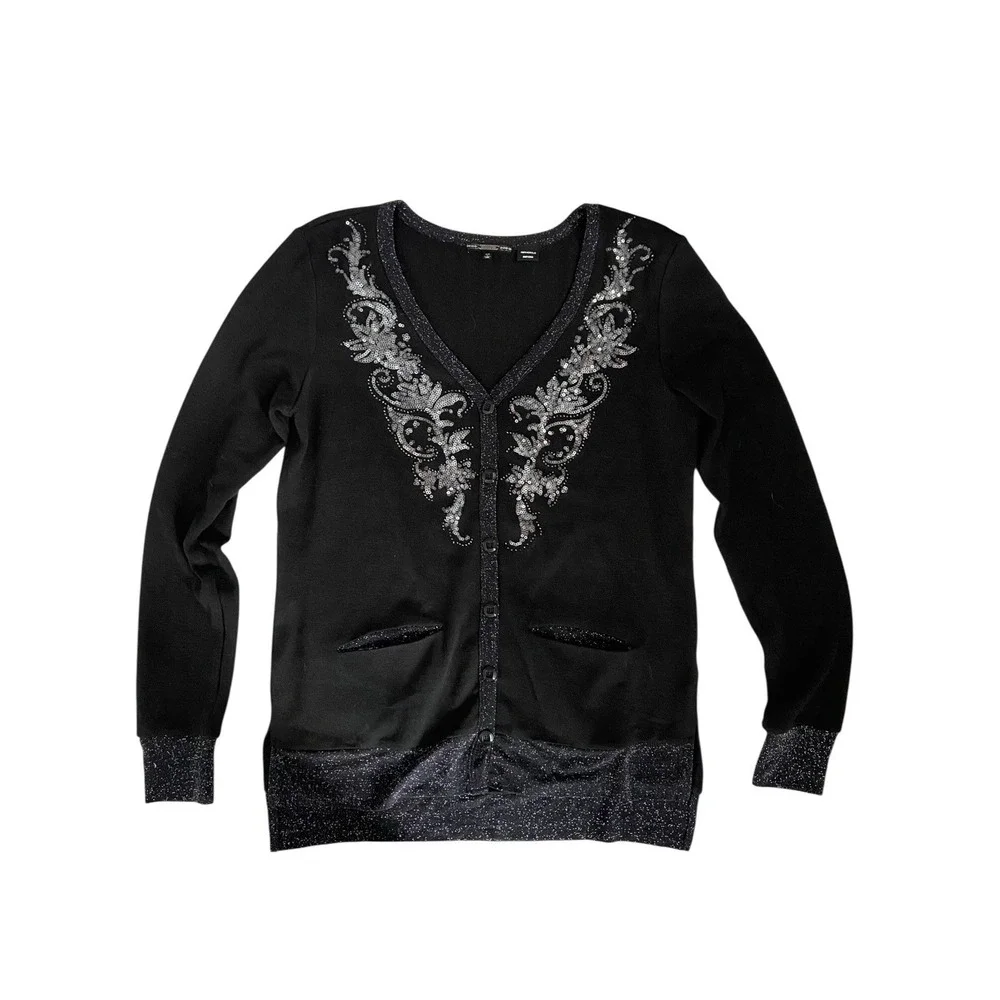Y2K Miss Me Sequin Embroidered Cardigan Sweater‎ Size L Black McBling Soft Goth